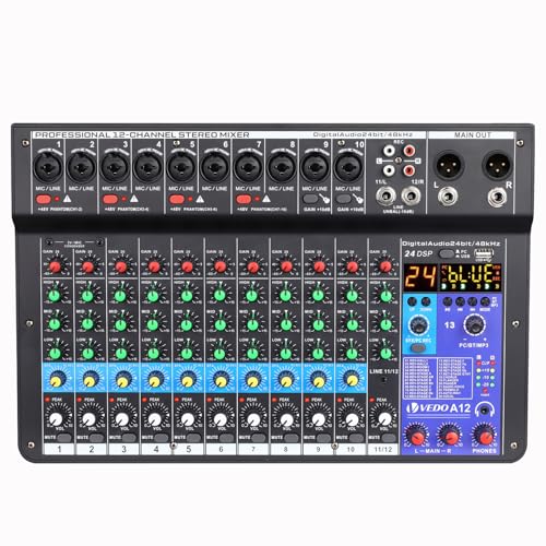 mesa de som, vedo A12 12 canais digital/número profissional portátil com reverb bluetooth usb interface audio/áudio mixer