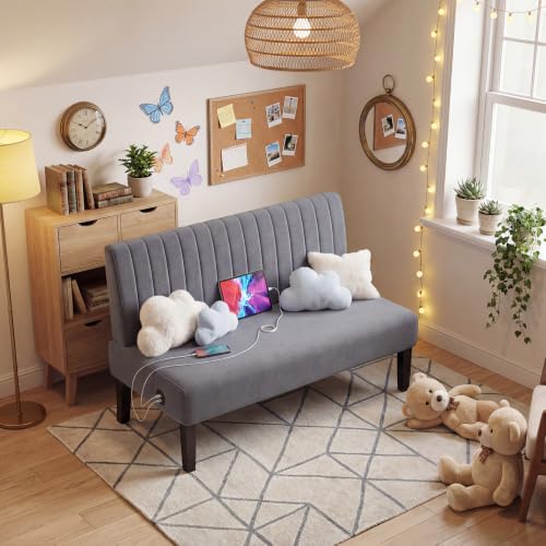 Image of Grey Velvet Armless Loveseat with USB, Small Cozy Couch for Living Room | Mini Sofa and Love Seat, Comfy Velvet Couch with Armless Design and USB Port, Bedroom Apartment Office Dorm, Grey