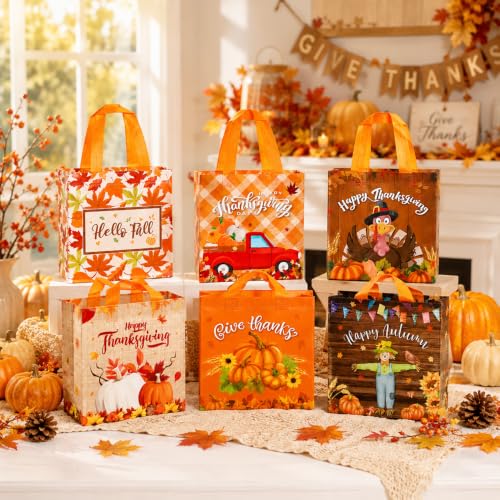 Fall Thanksgiving Gift Bags, 6 PCS Fall Thanksgiving Bags for Gifts with Handles, Reusable Non-Woven Hello Autumn Give Thanks Tote Bag Goodie Treat Candy Bag for Gifts Wrapping Holiday Party Supplies - Image 5