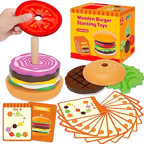 Jumlys Montessori Wooden Burger Stacking Toys for 2, 3, 4, 5 Year Olds, Fine Motor Toys for Kids Boys Girls, Ideal Preschool Educational and Learning...