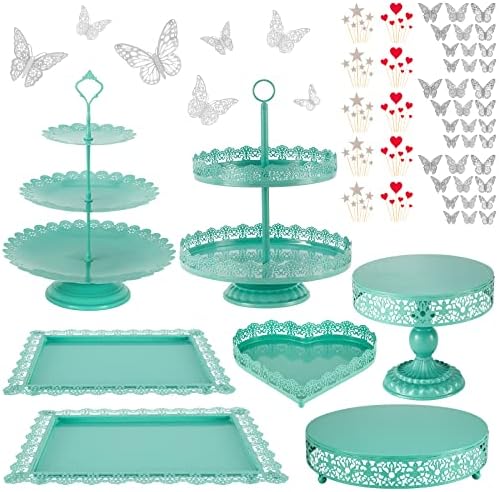 GPUSFAK 113 Pcs Turquoise Cake Stands Set, Metal Cake Dessert Table Display Tiered Cupcake Holder Candy Plate for Wedding Birthday Party Baby Shower Celebration Decor