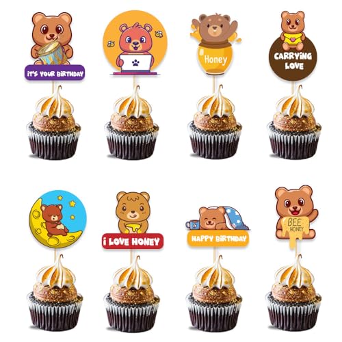 Image of Festiko Set of 8 Pcs Bear Theme Happy Birthday Cupcake Topper, Cake Decoration Supplies, Bear theme birthday decorations