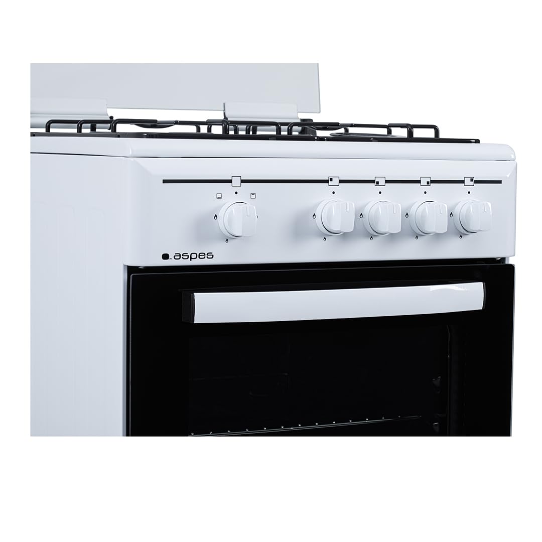 Aspes Cocina Gas Butano, 4 Zonas de Cocción, Horno 55L, Blanco, AKG4501. Control Manual, 2 Programas de Cocción, Compartimento Bombona, Cristal en Puerta Doble Capa, Tapa Abatible