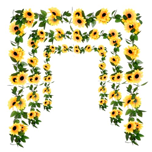 Yymobt 3 Pack Artificial Sunflower Garland Decor 7.5ft Sunflower Vines with Green Leaves Hanging Fake Silk Flower Garlands for Birthday Wedding Baby Shower Garden Backdrop Table Centerpieces Decor