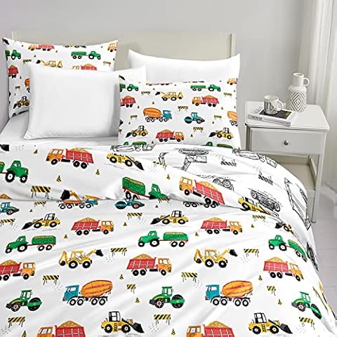 CVHOUSE Excavactor Bedding Twin Size,Construction Excavactor Bedding Set for Boys Kids Teens,Truck Car Excavactor Comforter Set Cover Soft,1 Duvet Cover 2 Pillowcases 3 Piece,Girls Room Decor Cover