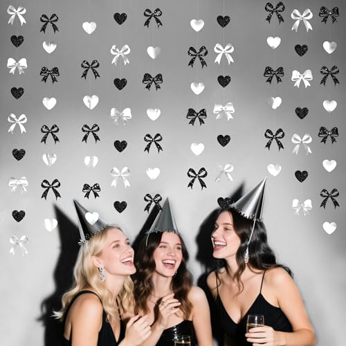 Image of Bow Decorations Siver Black Metallic Glitter Paper Bow Heart Hanging Garland Streamer for Coquette Birthday Valentines Bachelorette Wedding Bridal Shower Anniversary Hen Party Decorations Supplies