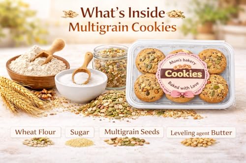 Image of MOM'S BAKERY Crunchy Multigrain Cookies-200gm Soft, Homemade Chewy & Freshly Baked Snack Treats- Ideal for Gifting | Eggless, No Palm Oil, No Preservatives | Wheat Flour, Butter, Sugar, Vanilla Essence | Healthy & High Fiber for Cravings for Tea Time