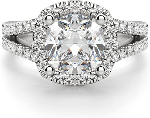 2.5 Ct t.w. Cushion Cut Classic Halo Style Pave Set Round Shape Diamond Split Shank Engagement Ring with a 1.5 Ct Forever Brilliant Cushion Moissanite Center D Color VVS1 925 Sterling Silver 14K White Gold Over3