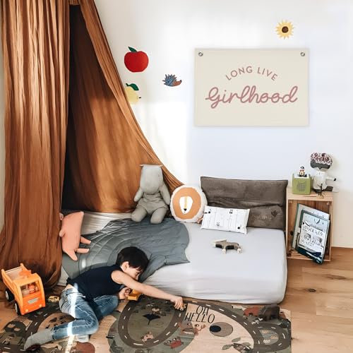 Image of Girls Room Decor Long Live Girlhood Linen Banner Hanging Flag Retro Banner for Nursery Playroom Wall Decor for Kids Bedroom Decorations,Baby shower gifts 30x20 In (Pink Letter)