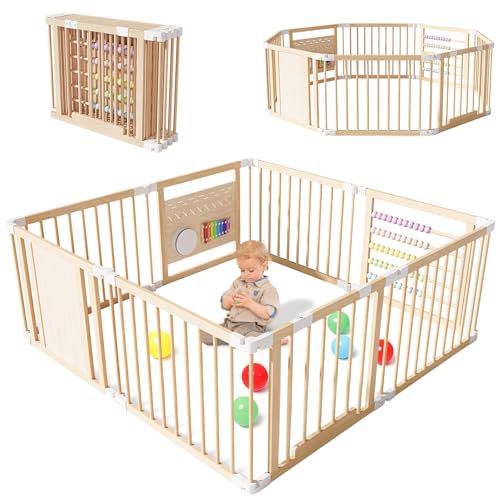 NAIZEA Wooden Playpen, Extra Large for Toddlers and Babies, Foldable Baby Playpen, Baby Fence Play Area with Gate, Kid Play Yard, Adjustable Size & Shape,56”x56”x24”