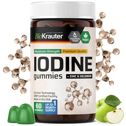 BIO KRAUTER Iodine with Zinc and Selenium for Thyroid Support - Vegan Potassium Iodide for Antioxidant & Immune Support - Selenium Supplements for Women - 60 Gummies Non-GMO Apple Flavor