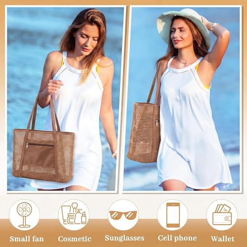 Image of Aliceset 2 Pack Crochet Mesh Beach Tote Bag with Letter Patch Pocket Summer Beach Tote Bohemian Straw Transparent Bag