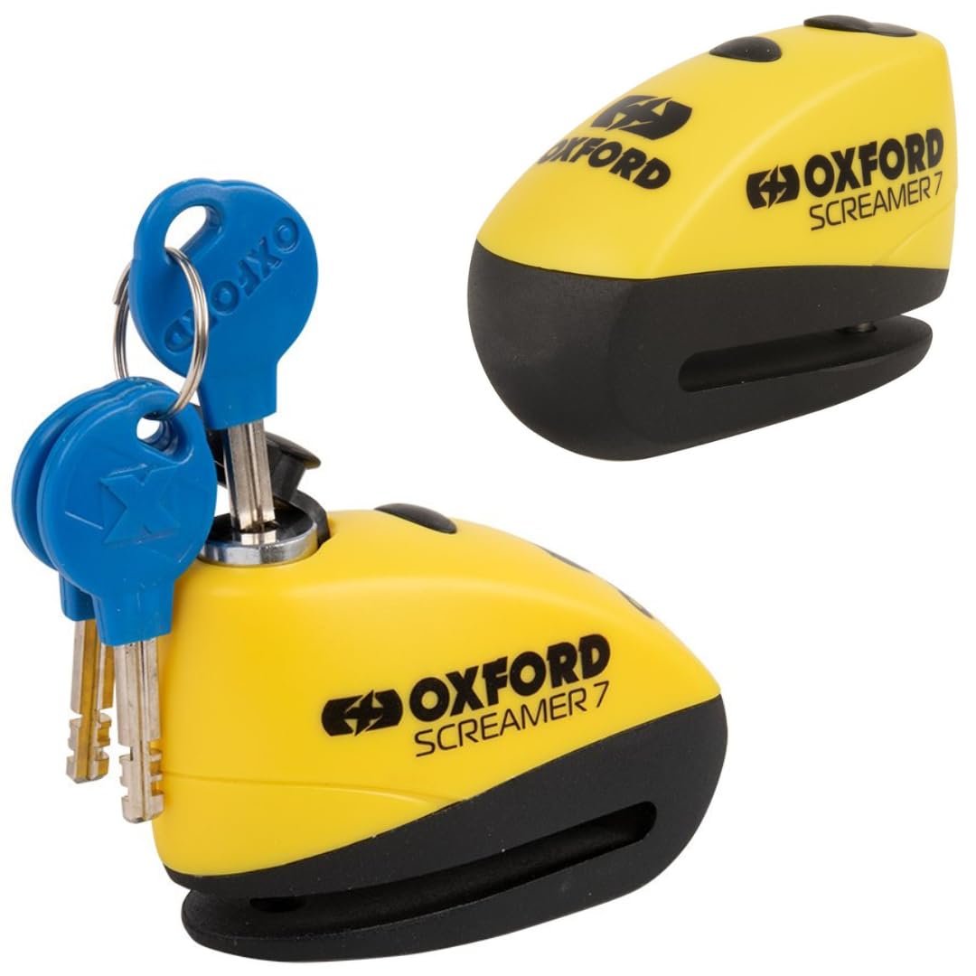 Oxford Screamer 7 Motorcycle Attack-Activated Disc Lock Alarm 100dB Siren, Motorbike Motion & Shock Sensors, Durable 7mm Locking Pin (Black/Yellow,One)
