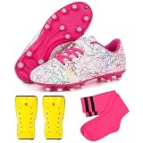 brooman Kids Firm Ground Soccer Cleats Girls Football Cleats with Shin Guards and Soccer Socks (8,White Pink)