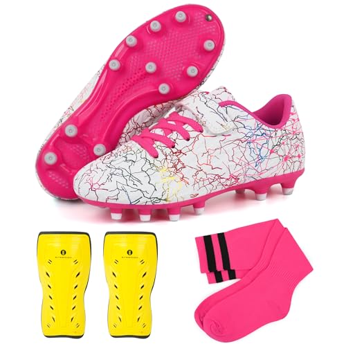 brooman Kids Firm Ground Soccer Cleats Girls Football Cleats with Shin Guards and Soccer Socks (5,White Pink) by brooman - Used condition - US$17.45