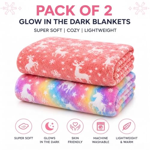Image of Glow in The Dark Blanket for Kids Pack of 2 (Pink & Peach) | Soft Fleece Reindeer Throw Blanket with Snowflake Glow Design | Warm Flannel Blanket| Winter Bed Blanket | 150 x 200 cm