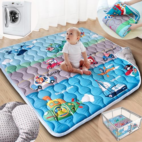 Beavtaens Baby Play Mat, 50x50 Playpen Mat with Super Soft Touch, Activity Mat with Upgraded Anti-Slip Bottom, Machine Washable Crawling Mat for Floor & Picnic (Vehicles)