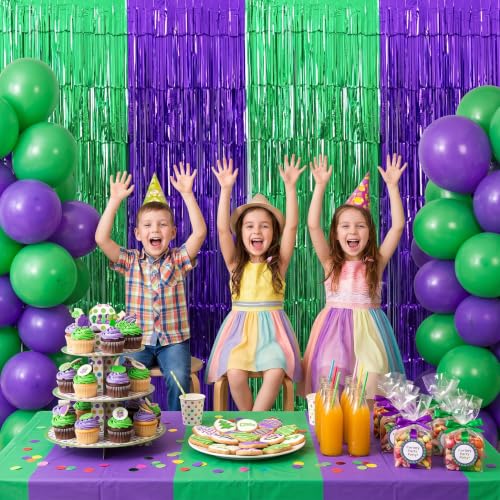 Image of TONIFUL 2Pcs Green and Purple Metallic Tinsel Foil Fringe Curtain Streamer | 3.3ftx6.6ft Photo Booth Backdrop Door Streamer for Birthday Graduation Baby Shower Cartoon Turtle Themed Party Decorations