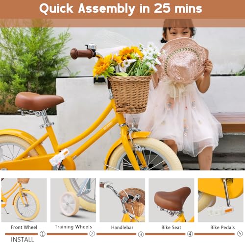 Image of Glerc Little Molly 12-20 Inch Kids Retro Cruiser Bike for 2-13 Year Old with Wicker Basket & Training Wheels /Kickstand, Multiple Colors