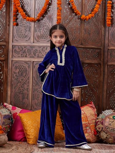 Image of Pspeaches Girls Ethnic Green & Pink Velvet Full Sleeves Solid Kurta and Pant with Dupatta 3 Piece Set