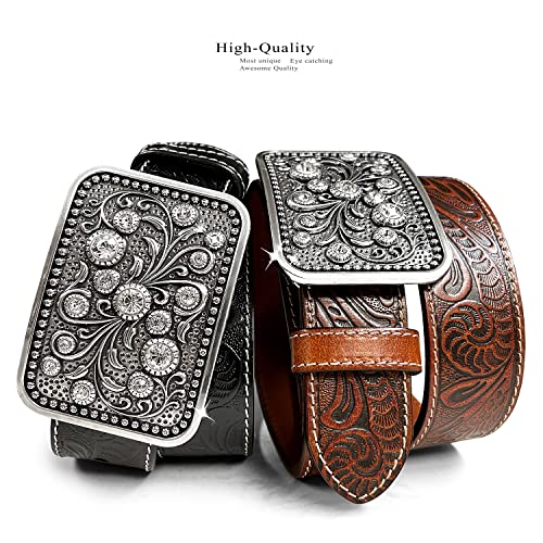 Western Fashion Style Floral Engraved Buckle Full Grain Genuine Leather Belt 1-1/2" (38mm) Wide - Assembled in the U.S2