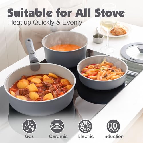 Image of SENSARTE 17 Piece Ceramic Pots and Pans Set, Nonstick Detachable Handle Cookware, Induction Kitchen Cookware Set with Removable Handle, Dishwasher & Oven Safe (Gray)