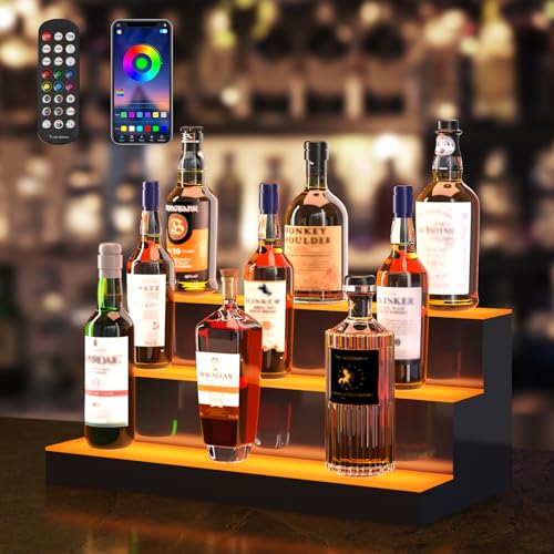 VEVOR LED Lighted Liquor Bottle Display, 3 Tiers 24 Inches, Supports USB, Illuminated Home Bar Shelf with RF Remote & App Control 7 Static Colors 1-4 H Timing, Acrylic Lighted Shelf for 18 Bottles by VEVOR - Used condition - US$85.48