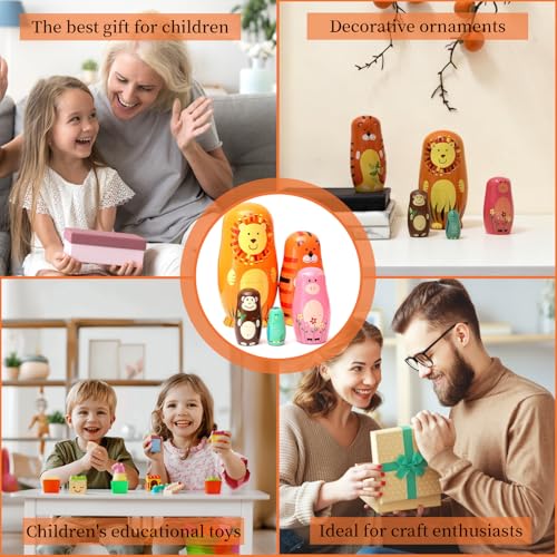 TENGWA 5 Stücke Matroschka Puppen Stapelspielzeug Wooden Animal Figures Cartoon-Tiere Handgefertigt aus Holz Möbeldekoration Russische Geburtstagsgeschenk für Jungen und Mädchen ab 3 Jahren