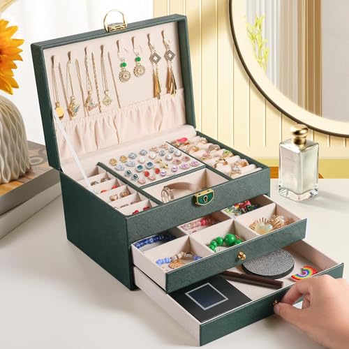 Image of Vlando 3 Layer Jewellery Organiser Box, Large PU Leather Jewelry Storage Case With Drawers, Earrings, Rings, Necklaces Holder | Luxury Jewellery Box For Women & Girls Gift (Green)
