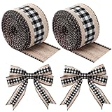 2 Rolls Christmas Buffalo Plaid Ribbons Burlap Wired Edge Plaid Ribbons Check Gingham Fabric Craft Ribbon for DIY Bows Wrapping Decoration, 6 Yards Long Each (Black-White,1.5 Inch Width)