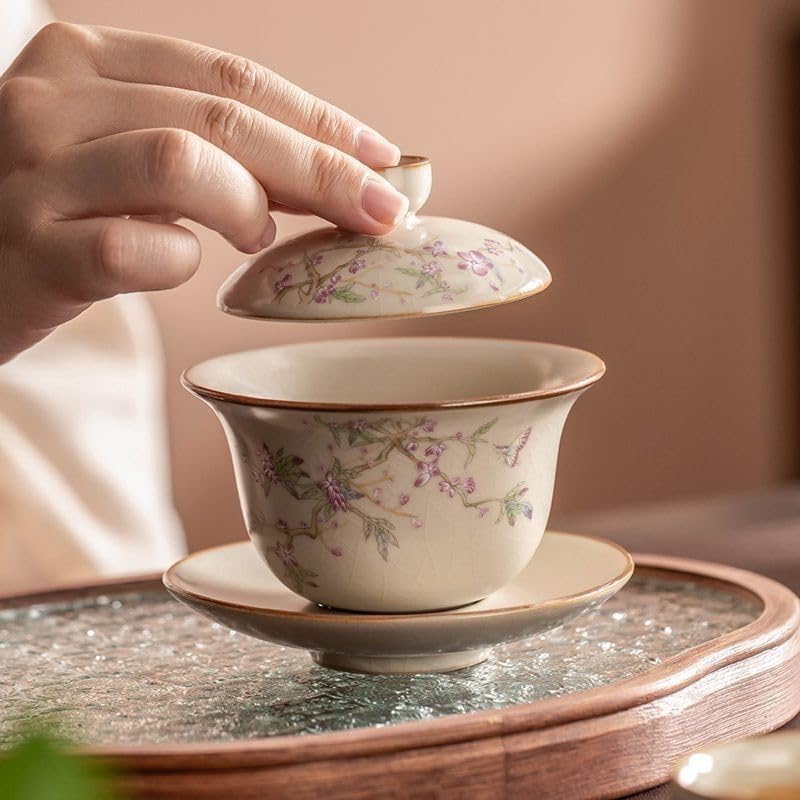 Taza de té de Porcelana China Gaiwan con platillo y Tapa, 150 ml, con diseño de Flor de glicina, Ideal para Fiestas en casa, Cocina y Oficina (Elegante Flor de glicina).
