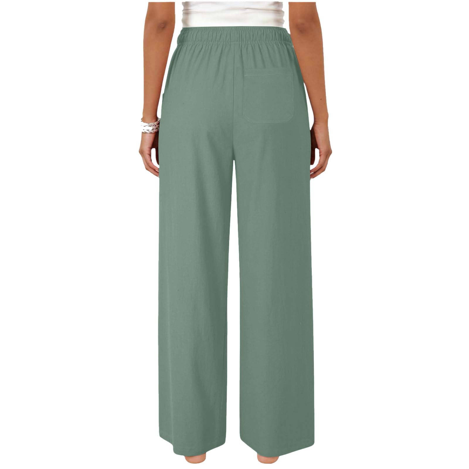 Pantalon Fluide Femme Été Coton Et Lin Léger Ample Large Pantalons Chic Et Elegant Palazzo Coupe Droit Taille Haute Élastique Poche Pants De Plage Couleur Unie Décontracté Mode Vêtements