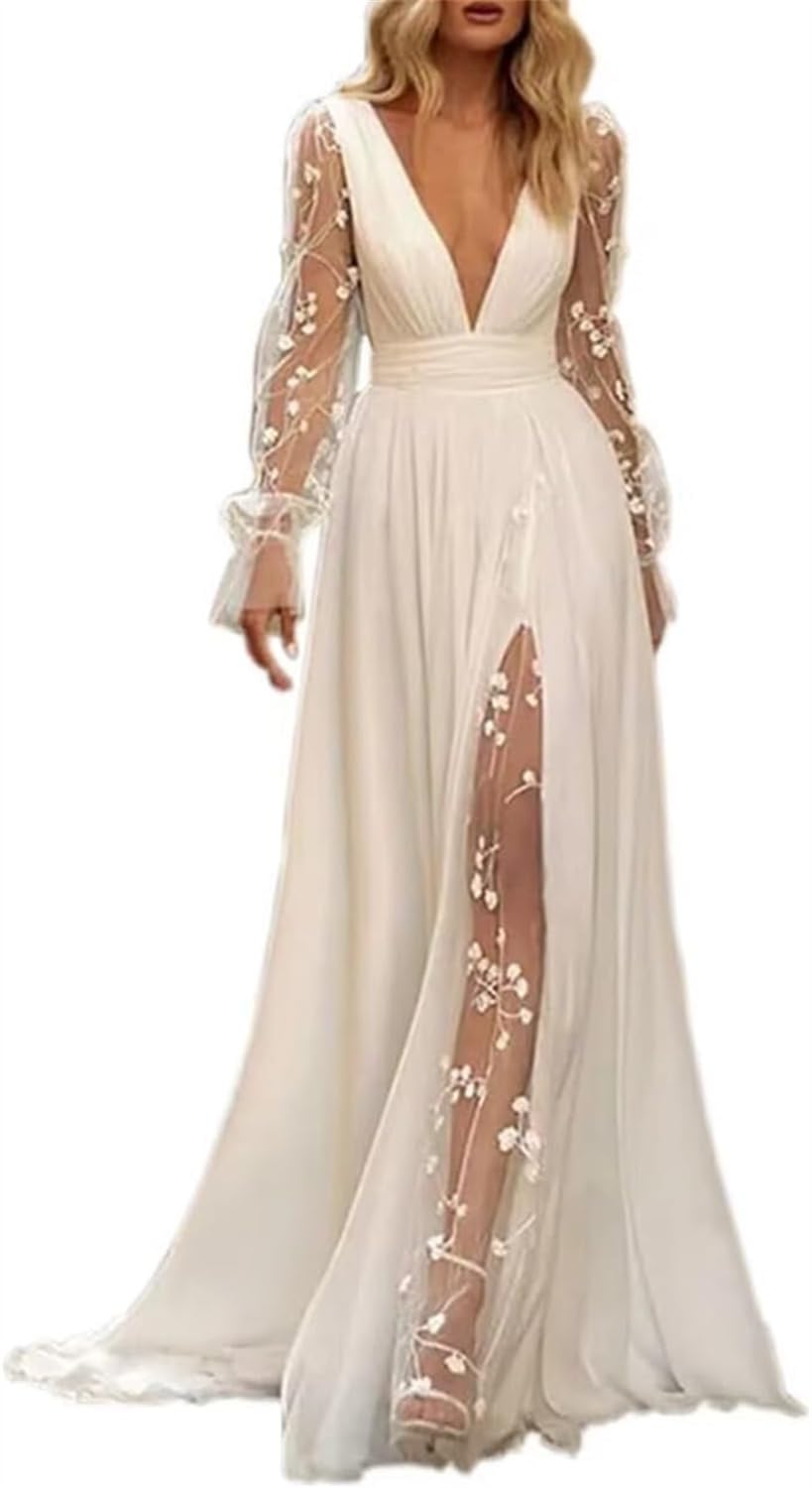 YIANN Robes de mariée à manches longues pour mariée avec fente en dentelle profonde col en V robe de mariée en mousseline de soie
