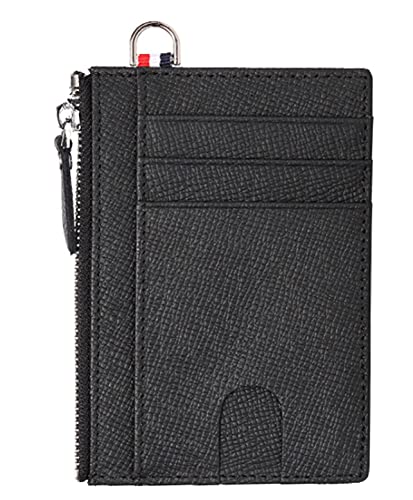 ASLANA Saffiano Genuine Leather Card Holder Minimalist Slim Wallet RFID Blocking Zipped Coins Pouch (D2- Black)2