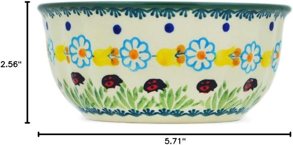 Polmedia Polish Pottery Authentic Polish Pottery Bowl 6-inch in Flowers And Ladybugs Design Handmade in Bolesławiec Poland + Certificate of Authenticity