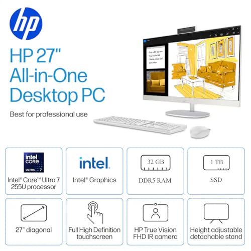 Image of HP All in One Desktop Computer, 27 inch Full HD Touch Screen, Intel Ultra 7-155U(Up to 4.8 GHz), 32 GB DDR5, 1 TB SSD, Windows 11 Pro, Anti-Glare, Adjustable Angle, Wi-Fi 6, w /Accessories