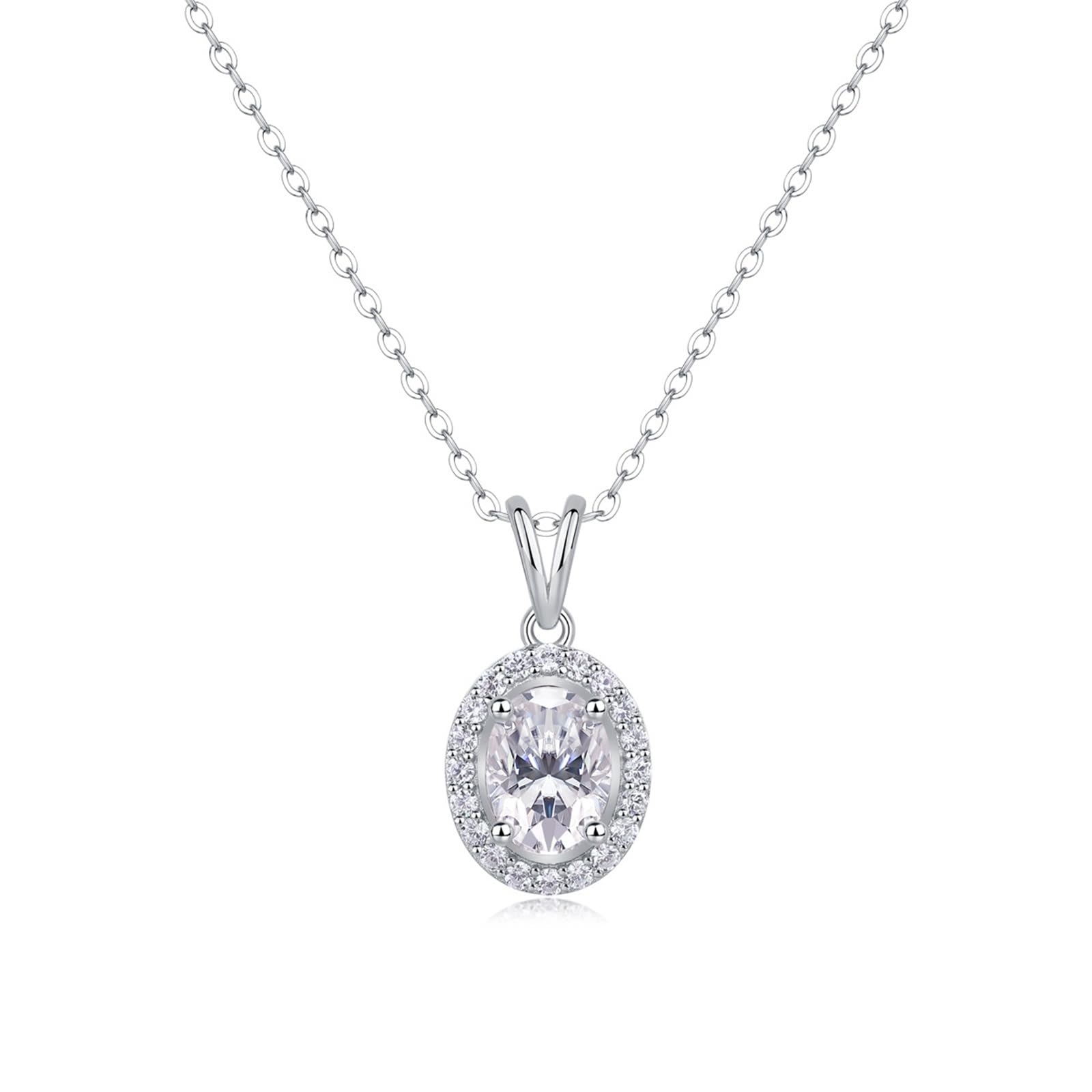Collana in oro bianco 18 carati Au750 con moissanite ovale, ciondolo classico, 45 cm
