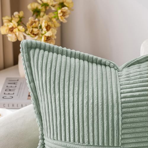 Image of MIULEE Spring Decorative Throw Pillow Covers for Couch Bed Livingroom 20x20 Inch Set of 2 Greyish Green Boho Accent Throw Pllows Broadside Striped Patchwork Soft Corduroy Summer Pillowcases