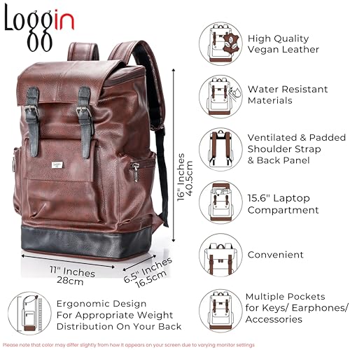Image of LOGGIN 15.6 Inch Unisex Laptop Backpack for Men & Women | Premium Vegan Leather Water-Resistant Bag | Stylish Office, College & Travel Backpack with Anti Theft Design Multiple Pockets