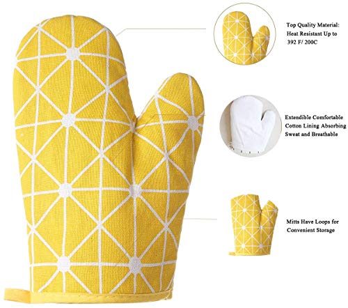 Sujayu Oven Mitts, 2 Pack 10.6" X 6.7" Cotton Oven Mitt Pot Holders, Non-Slip 392°F Heat Resistant Oven Mits Kitchen Gloves Potholders For Cooking Baking Grilling (Yellow) #TOP2