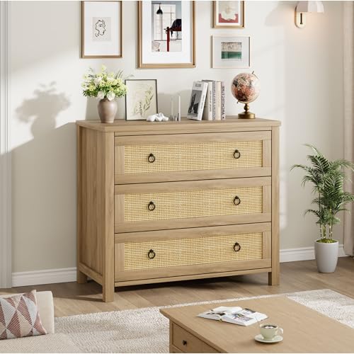 GarveeHome Dresser for Bedroom Rattan Chest of Dressers 29 in Tall Dresser for Closet with 3 Rattan Drawers Boho Night Stand Large Clothes Storage Cab