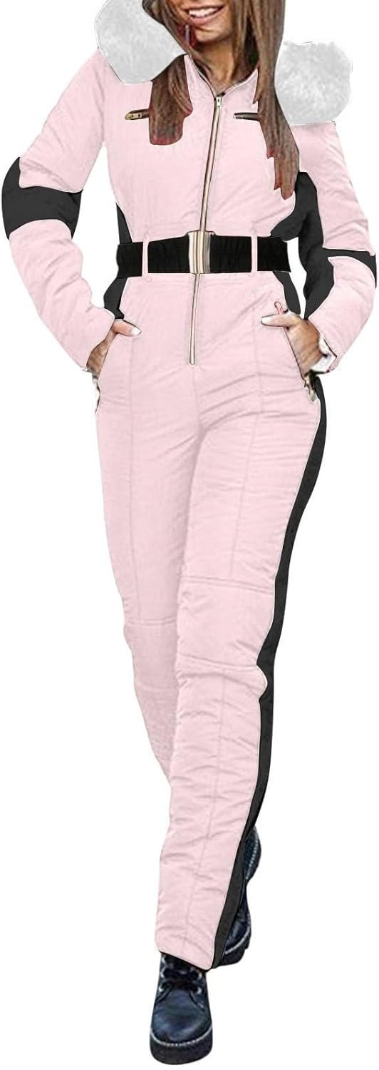 YRAETENM Womens Winter Onesies Ski Jumpsuits Outdoor Sports Waterproof Windproof Snowsuit Fur Collar Coat Slim Ski Outfits