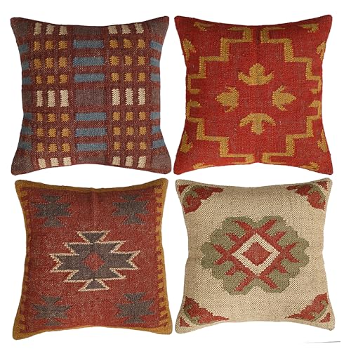 Image of Shivanifashions 4 Pcs Set of Kilim Pillow Cover Vintage Square Cushion Handwoven Pillow Case Ethnic Pillow Cover 18 X 18 Indian Jute Decorative Pillow Home Decor Pillows (Pattern 5)