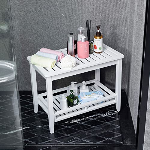 Zoopolyn Bamboo Shower Bench Stool With Storage Shelf Shower Bath Seat For Shaving Legs Waterproof In Bathroom & Inside Shower White #TOP1