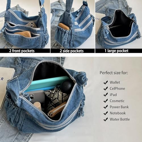 Image of Kawn Denim Shoulder Bag for Women, Canvas Aesthetic Crossbody Bag, Lightweight Hobo Handbags, Retro Messenger Bag for Teen Girls, Casual Style Jeans Purse for everyday Use with Zipper Pockets