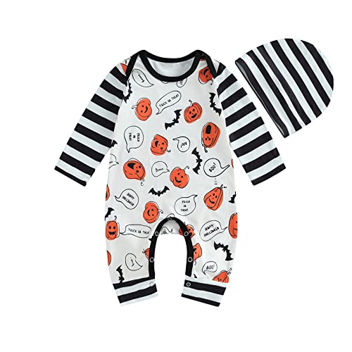 Image of Baby Girl Boy Halloween Outfit My First Halloween Pumpkin Jumpsuit Onesie Long Sleeve Romper Hat Fall Winter Clothes (Pumpkin Boo Striped, 0-3 Months)