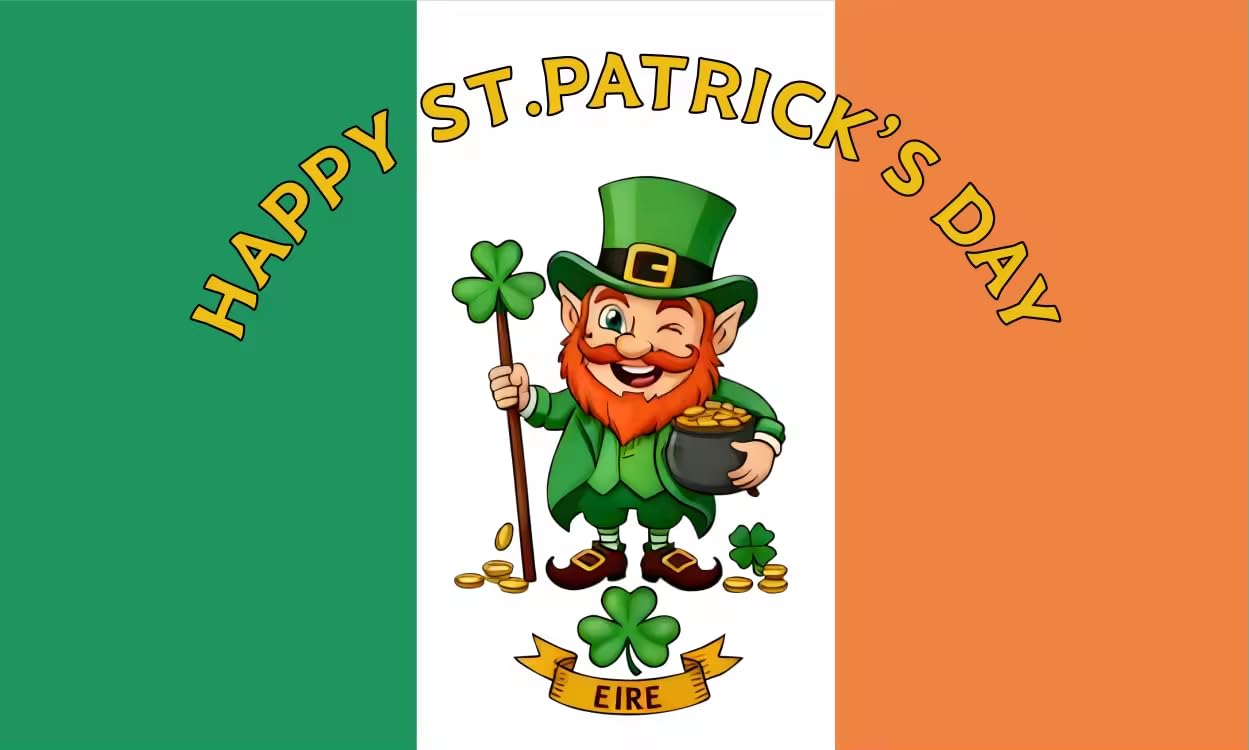 St Patrick's Day Flag, Large 3 x 5 ft (150x90 cm) Irish Flag Leprechaun Banner, Weather-Resistant Polyester, for St Paddys Day Decorations Patrick