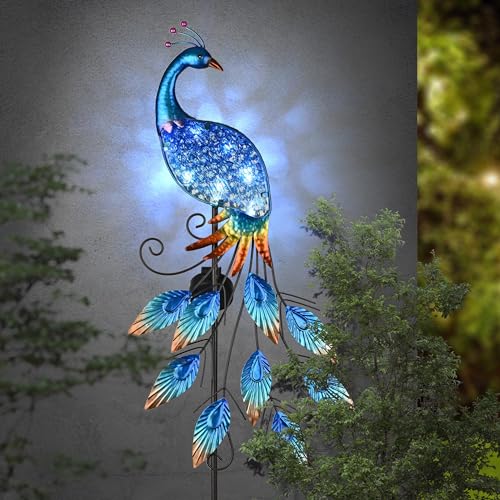 TERESA'S COLLECTIONS Garden Ornaments Outdoor for Garden Gifts, Metal Peacock Solar Stake Lights,...