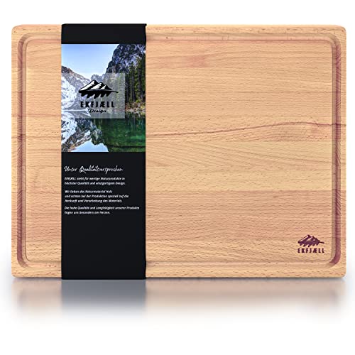 EKFJAELL Planche à découper en hêtre avec rainure à jus 40 x 30 x 4 cm, antibactérienne & traitée à l'huile de tournesol - Bloc à hacher, planche à hacher en bois grande