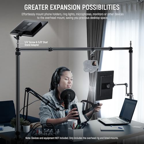 Image of NEEWER NK002 Overhead Camera Mount Rig Platform with Phone Holder /2 Ball Heads /Arms /Super Clamp /Cleaning Cloth for Mic Webcam, Multi Device Desk Stand with Adjustable Height Width, Max Load 26lb /12kg